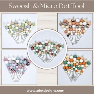 May include: A set of 10 beading tools with different coloured beads. The beads are arranged in a fan shape and include colours like green, brown, white, and pink. The tools are silver and have a small loop at the top. The image includes the text "Swooosh & Micro Dot Tool" and "www.zdotdesigns.com".