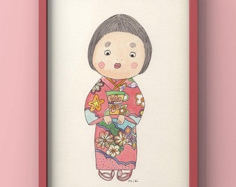 Japanese Kimono Watercolor Giclée Art Print | Girl in Kimono, Japan Travel, New Year Doodle