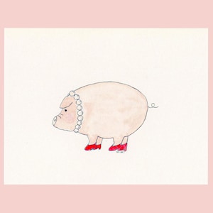 Cartão de saudação de porco em pérolas | Ilustração em aquarela, cartão feito à mão, cartão de nota, ilustração animal, cartão ilustrado, desenho, pintura