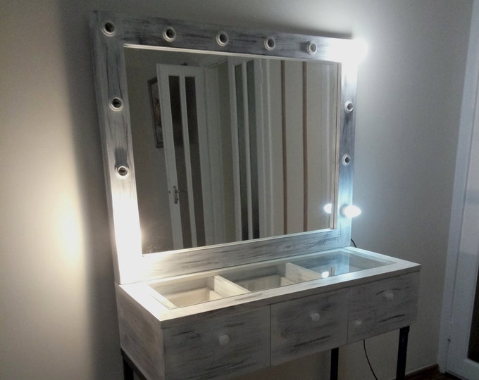 White Glass Top Vanity Table Vanity Set Vanity Mirror Etsy