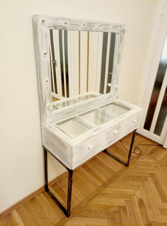 White Glass Top Vanity Table Vanity Set Vanity Mirror Etsy