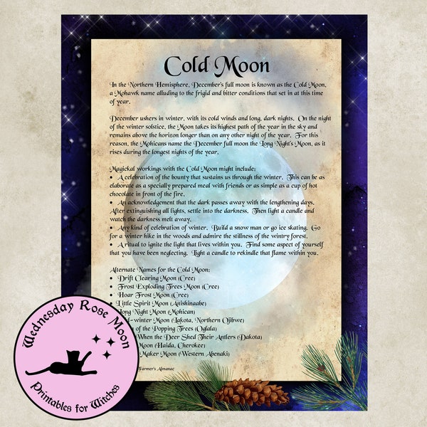 December Full Moon Printable | Cold Moon | Book of Shadows Page | Grimoire | Digital Download