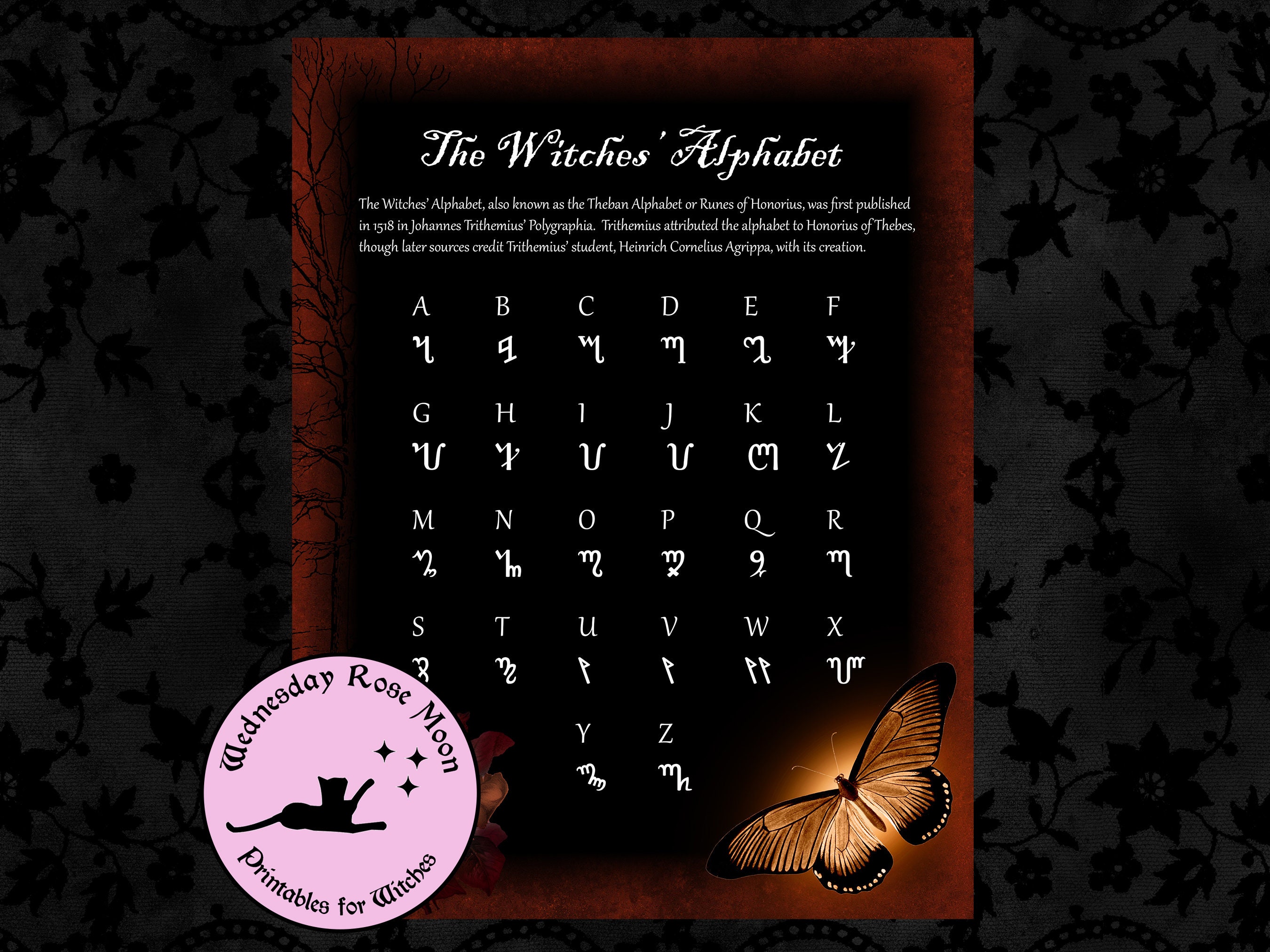 Witches Alphabet, Theban Alphabet, Dark Book of Shadows Page, Dark