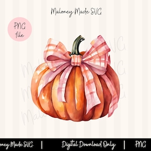Watercolor Pumpkin with Bow PNG, Coquette Fall PNG,  Clipart and Sublimation