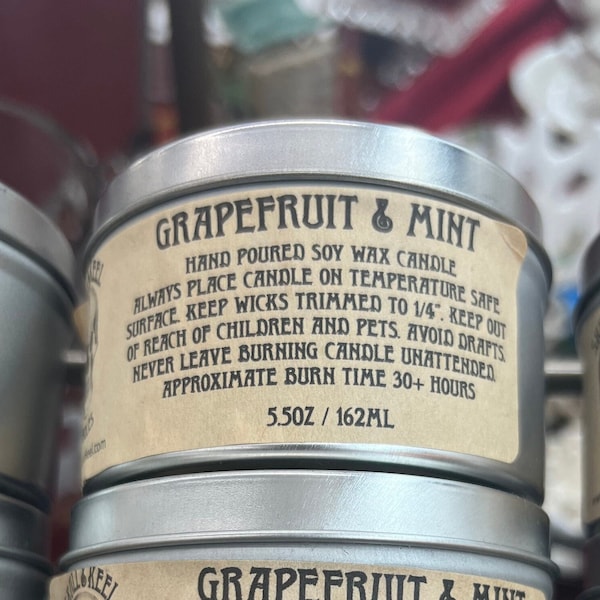 Grapefruit & Mint Scented Candle.  Soy Wax Tin Container Candle.