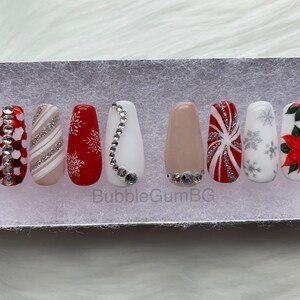Christmas Nails, Bling Nail, Red Nail, Glitter Nails, Press On Nail, Stiletto Nails, Coffin Nails, Nail Art, Long Nail, Christmas Poinsettia