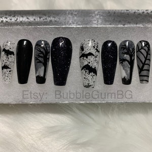 Black & White Nails, Spiderweb Nail, Halloween Nail, Spider Nails, Bat Nail, Night Nail, Press On Nails, Stiletto Nail, Coffin Nail, glitter