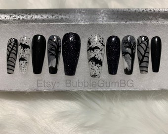 Black & White Nails, Spiderweb Nail, Halloween Nail, Spider Nails, Bat Nail, Night Nail, Press On Nails, Stiletto Nail, Coffin Nail, glitter