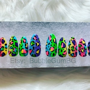 Cheetah Print Nail, Neon Nail, Lisa Frank, Lisa Frank Nails, Rainbow Nail, Press On Nails, Stiletto Nails, Coffin Nails, Nail Art, Long Nail