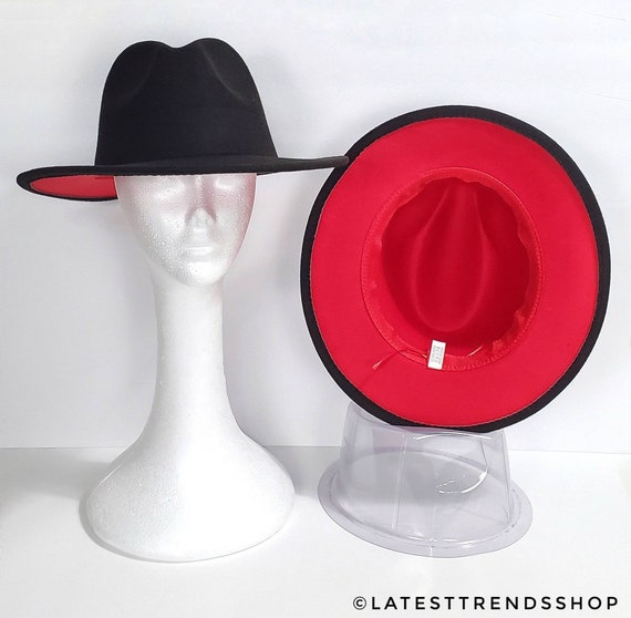 Black Red Bottom Fedora Hat Wide Brim 
