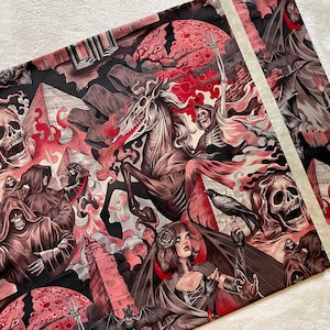 May include: A rectangular fabric pillowcase featuring a dark, gothic-inspired print with skulls, a skeletal horse, hooded figures, a raven, and a central female character. The design uses a palette of black, deep red, and white with pyramid motifs.