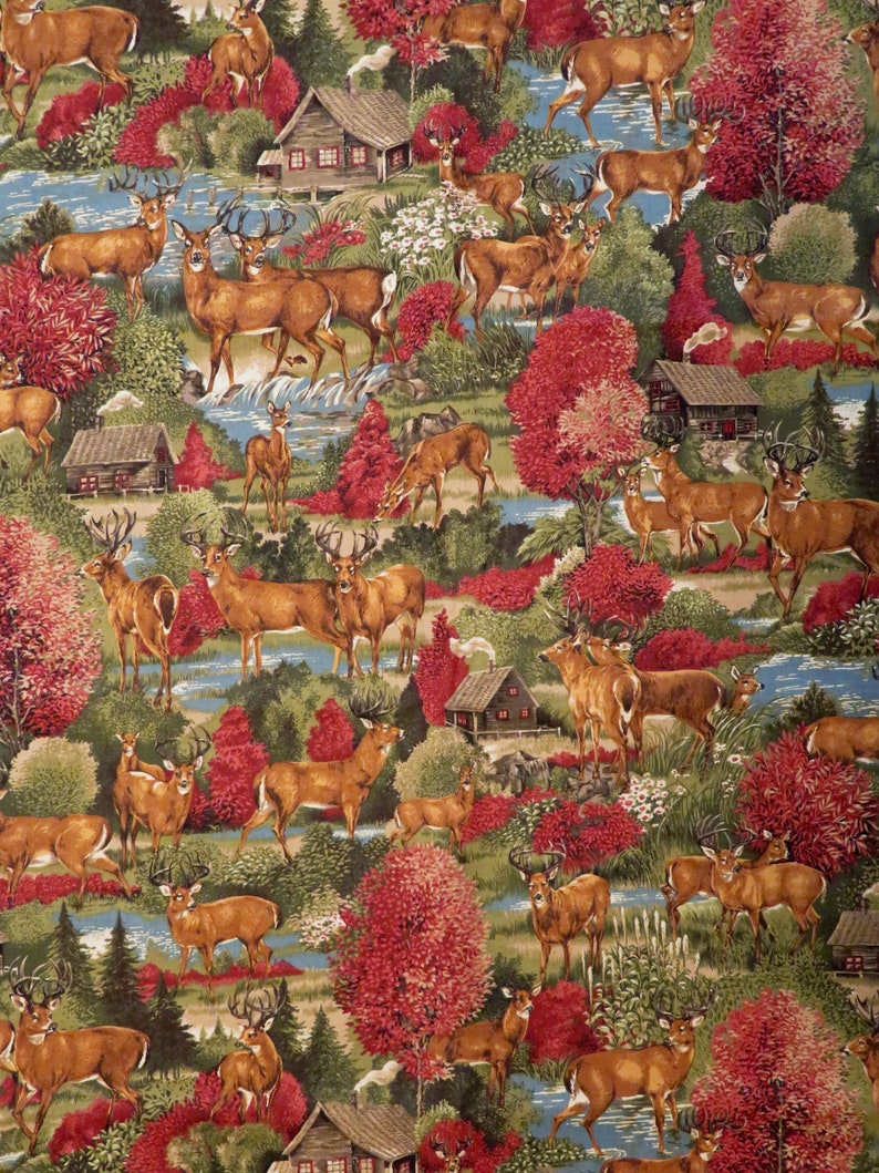 Fabric by the Yard Deer Run Forest Deer Cabin Cotton Fabric - Etsy