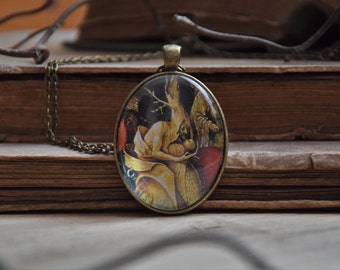 Collier pendentif, Hieronymus Bosch, histoire de l'art, bijoux de peinture, bijoux faits main, cabochon en verre