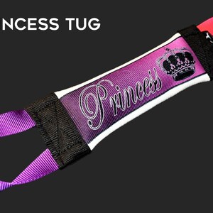 May include: A purple and pink Princess Tug, a dog toy with a loop on each end. The center features the word "Princess" in cursive and a black crown on a purple background. The text "PRINCESS TUG" is at the top.