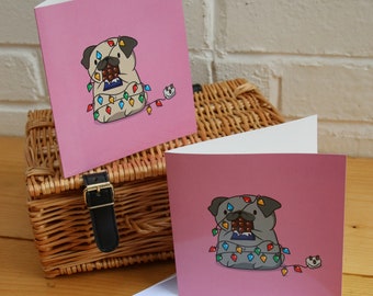 Pug Fairy Lights Card - Pug Christmas Card, Funny Card, Cute Card, Pug Illustration, Animal Greetings Card, Pug Love Card, Chocolate Love