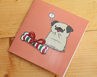 Pug Mystery Gift - Pug Christmas Card, Funny Card, Cute Card, Pug Illustration, Animal Greetings Card, Pug Love Card