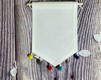 Handmade White Pin Display Banner with Colorful Pom Pom Trim