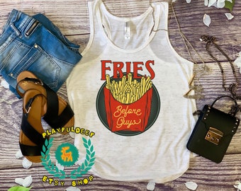 Yoga Tee Gift for Her Shirts with Sayings Heather Gray or Royal Blue Fries Before Guys Womens Graphic Racerback Tank Top
