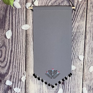 Enamel Pin Banner With Custom Embroidery And Pompom Trim, Canvas Pin Banner, Enamel Display Pin Banner, Blank Banners, Gray Pin Display
