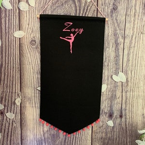 Enamel Pin Banner With Dancer Embroidery And Personalized Name With Matching PomPoms, Canvas Pin Banner, Pin Banner, Blank Banners