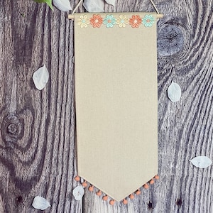 Natural Enamel Pin Banner With Custom Flower Trim On Top And Pompoms On Bottom, Canvas Pin Banner, Enamel Display Pin Banner, Blank Banners