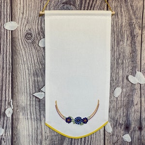 Enamel Pin Banner With Beautiful Flower Embroidery And Matching Trim, Custom White Pin Banner, Enamel Pin Banner, Embroidery Pin Banner