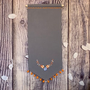Enamel Pin Banner With Flower Embroidery And Pompom Trim, Canvas Pin Banner, Enamel Display Pin Banner, Blank Banners, Gray Pin Display