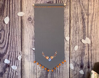 Embroidered Flower Enamel Pin Banner, Gray Canvas Display with Pompom Trim