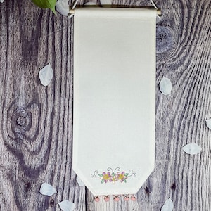 Enamel Pin Banner With Flower Embroidery And Pompom Trim, Natural Canvas Pin Banner, Enamel Display Pin Banner, Blank Banners, Pin Display