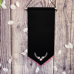 Enamel Pin Banner With Flower Embroidery And Pompom Trim, Canvas Pin Banner, Enamel Display Pin Banner, Blank Banners, Black Pin Display