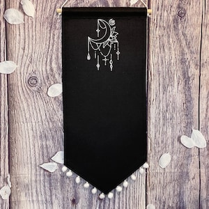 BLACK Enamel Pin Banner With Flower And Moon Embroidery And Pompom Trim, Canvas Pin Banner, Enamel Display Pin Banner, Pin Pennant Display