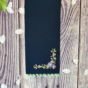 Navy Blue Pin Pennant With Beautiful Flower Embroidery And Matching PomPoms, Custom Pin Display, Enamel Pennant, Custom Banners, Pin Display