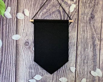 Zwarte canvas speldbanner, geëmailleerde spelddisplay, handgemaakte wimpel