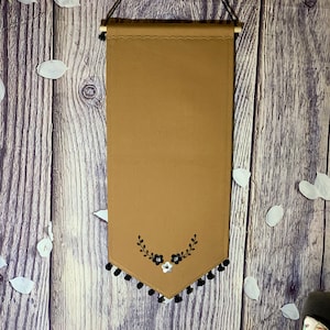 Brown Enamel Pin Banner With Flower Embroidery And Pompom Trim, Canvas Pin Banner, Enamel Display Pin Banner, Blank Banners,  Pin Display