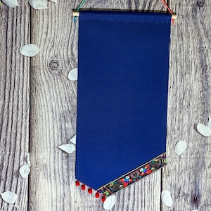 Blue Unique Pin Banner With Custom Vintage Decorative Trim, Asymmetrical Bottom And Red Pompoms/ Enamel Pin Display/ Pennant