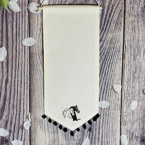 Enamel Pin Banner With Horses Embroidery And Pompom Trim, Canvas Pin Banner, Enamel Display Pin Banner, Blank Banners, White Pin Pennant