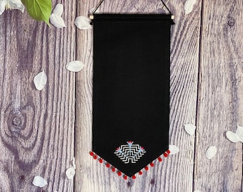 Custom Embroidered Enamel Pin Banner, Canvas Pompom Trim Display