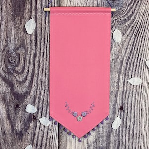 Enamel Pin Banner With Flower Embroidery And Pompom Trim, Canvas Pin Banner, Enamel Display Pin Banner, Blank Banners, Pink Pin Display