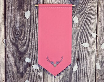 Embroidered Flower Enamel Pin Banner, Pink Canvas Pompom Display