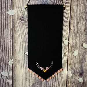 Enamel Pin Banner With Flower Embroidery And Pompom Trim, Canvas Pin Banner, Enamel Display Pin Banner, Blank Banners, Black Pin Display