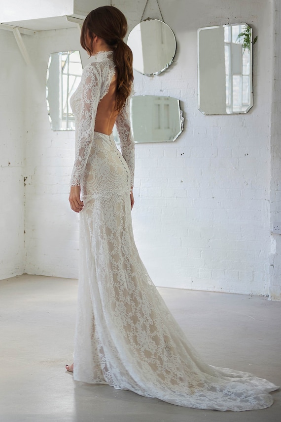 open back high neck wedding dress