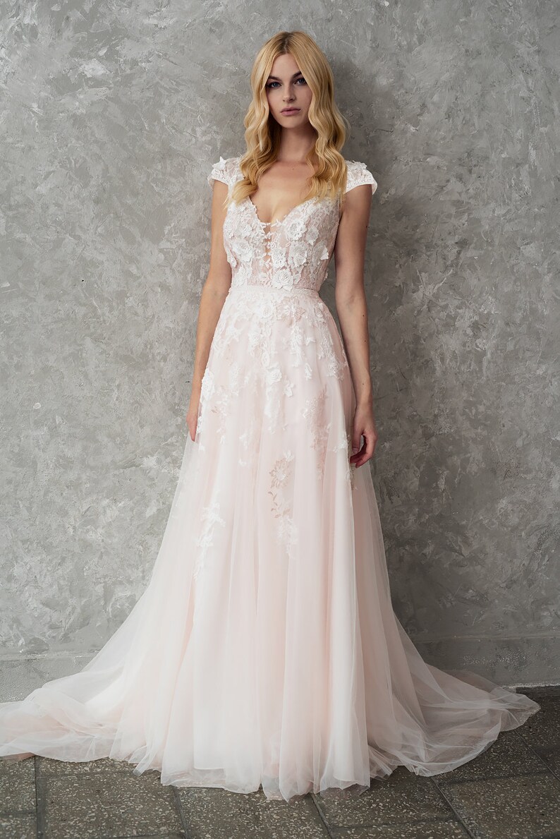 Blush Wedding Dress Lace Boho Wedding Dress Cap Sleeve Etsy