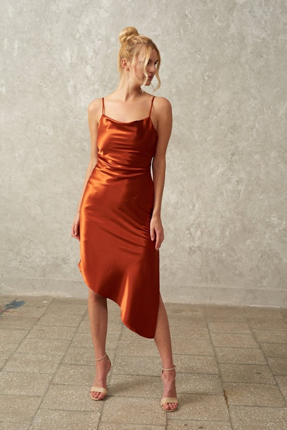 orange silk slip dress