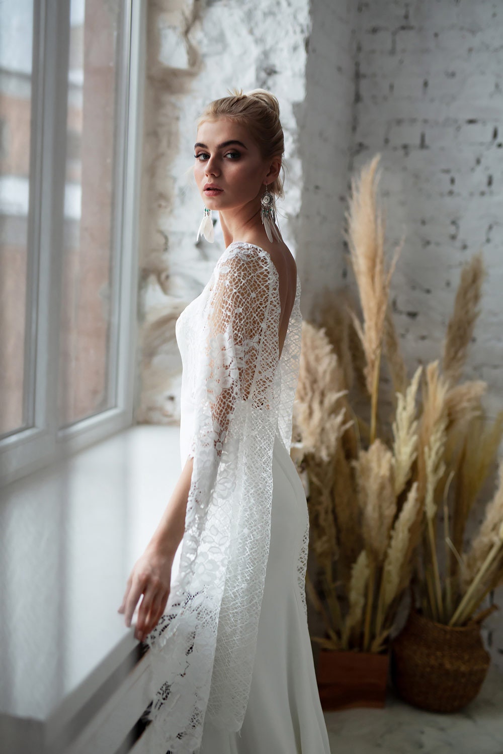 Cape sleeve wedding dress Lace Wedding Dress Caftan | Etsy