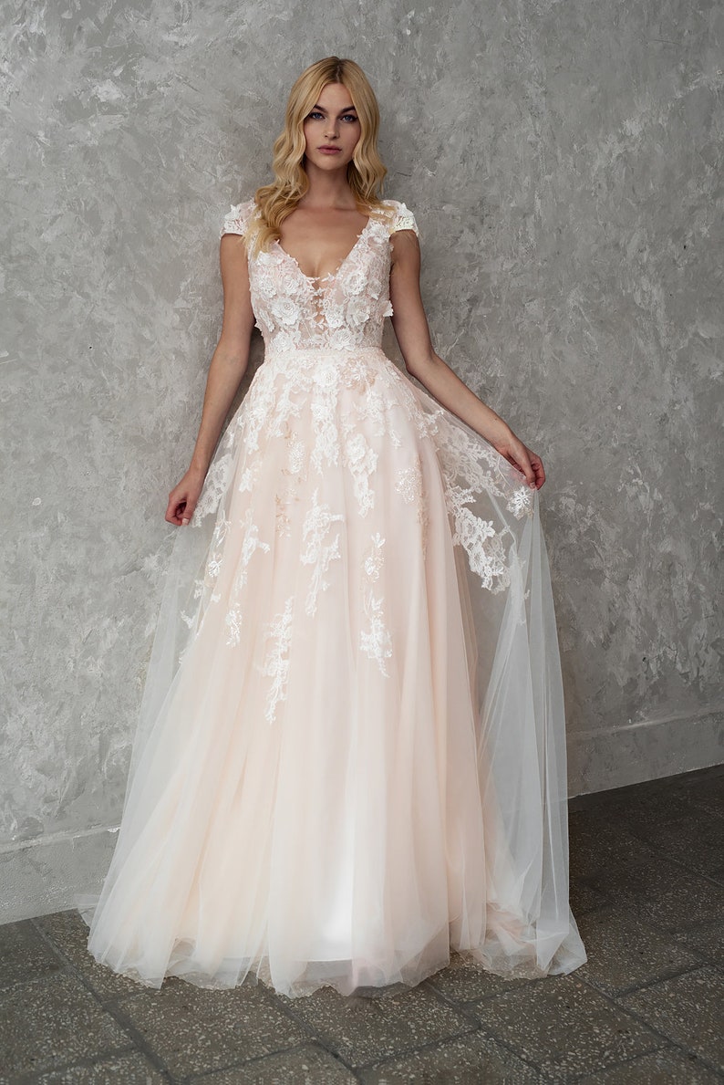 Blush Wedding Dress Lace Boho Wedding Dress Cap Sleeve | Etsy