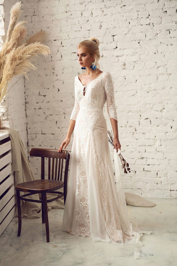 Wedding Dress With Sleeves Vintage Boho Wedding Dress Etsy