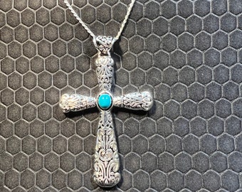 Cross Necklace with Turquoise and a Filigree Setting Made of Sterling Silver