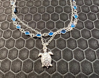 Turtle Anklet with Blue Crystals Made of Sterling Silver