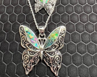 Butterfly Necklace and Earring Set 75 with Green Abalone Stones Made of Sterling Silver