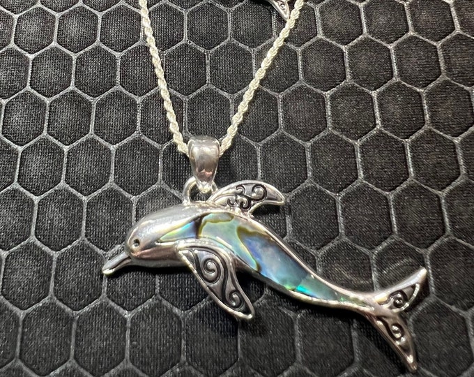 Dolphin Necklace and Earring Set with Green Abalone Stones Made of Sterling Silver